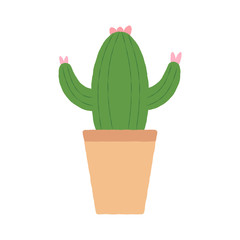 Vector illustration of a textured cactus with flowers in a pastel plant pot. Houseplant graphic.