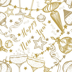 Happy New Year. Vector illustration, gifts,Christmas tree toys,wine glasses with champagne, prints on T-shirts, background light, card for you, handmade,seamless pattern