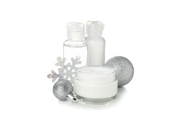 Set cosmetics, jar of winter cream for skin isolated on white background
