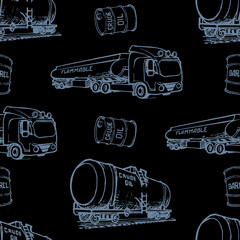 Oil and gas transportation. Rrailroad and road transport. Gray on black. Seamless pattern. EPS10 vector illustration
