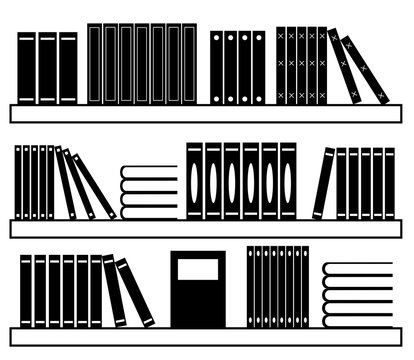 Collection of various books on a shelf. Silhouette. Vector illustration.
