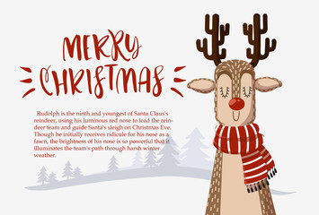 Cute Christmas deer with scarf on winter background. Merry Christmas lettering. Vector  illustration for web or print. Christmas card.