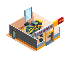 Auto service isometric. Car garage repair details cross section room automobile service vector interior. Auto repair service, garage maintenance isometric illustration
