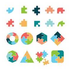 Puzzle icon. Jigsaw incomplete pictogram puzzle geometrical forms vector business objects. Jigsaw puzzle, solution and game shape piece illustration - obrazy, fototapety, plakaty