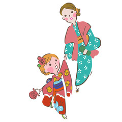 着物ではしゃぐ親子　イラスト
