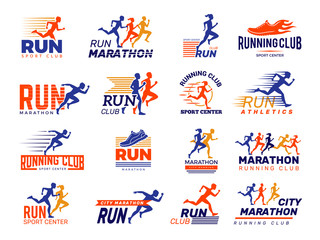 Sport logo. Healthy running marathon athletes sprinting badges vector collection isolated. Illustration runner fitness club, marathoner sportsman