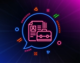 Business case with CV line icon. Neon laser lights. Portfolio symbol. Vacancy or Hiring sign. Glow laser speech bubble. Neon lights chat bubble. Banner badge with vacancy icon. Vector