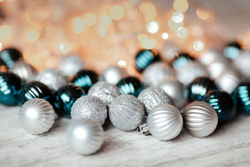 Christmas balls close up on the wooden background