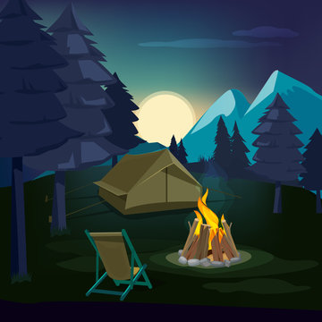 Night campfire. Wooden landscape with tent and fireplace with big burned flame lighting outdoor vector background. Campfire night, tent outdoor illustration
