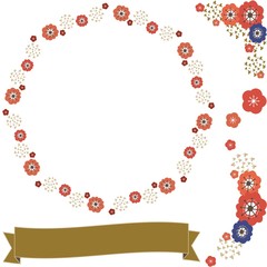 梅の花の和風の飾りと金色のリボンのセット