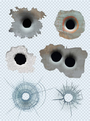Bullet circle hole. Crashed guns bullet marks damaged surface vector realistic template. Illustration glass crash, broken hole from gun or weapon - obrazy, fototapety, plakaty