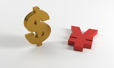 3D rendering of dollar sign and renminbi symbol on grey background,US-China trade war