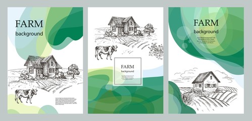 Agricultural backgrounds. Cow and village house. Agricultural brochure layout design. Silhouettes of cows.
