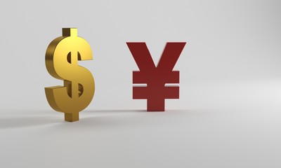 3D rendering of dollar sign and renminbi symbol on grey background,US-China trade war