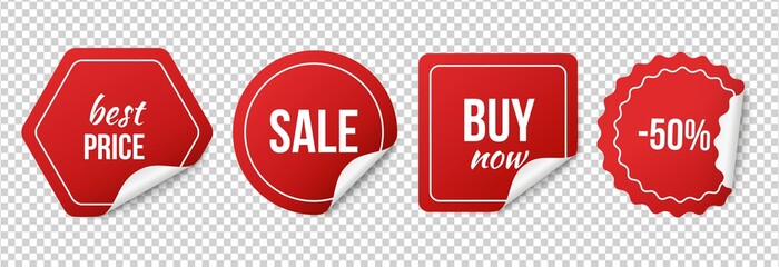 Sale tags. Red sale stickers. Christmas discount labels. Vector promotion badges isolated on transparent background. Illustration red badge promotion and sale in retail