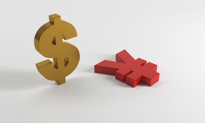 3D rendering of dollar sign and renminbi symbol on grey background,US-China trade war