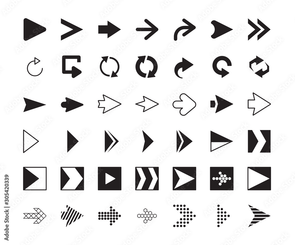 Poster Right arrows. Click next direction symbols digital applicant icons computer vector graphic arrows. Arrow pointer navigation app, collection indicator straight for website