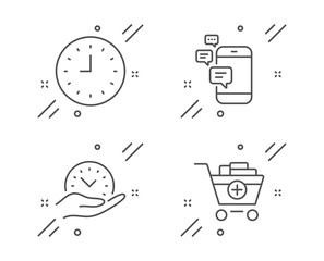 Communication, Clock and Safe time line icons set. Add products sign. Smartphone messages, Time or watch, Management. Shopping cart. Line communication outline icon. Vector