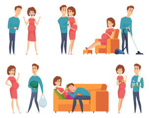 Pregnant couples. Happy young family mother and father husband near happy pregnant wife vector characters. Illustration pregnant mother and husband love