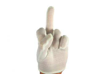 Middle finger up hand in white cotton glove. Isolated closeup on white background. Gesture fuck you...