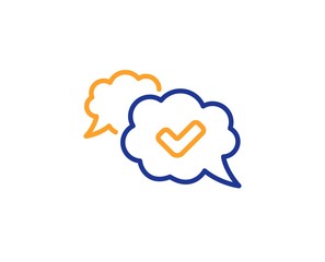 Approved comic sign. Check mark line icon. Speech bubble chat symbol. Colorful outline concept. Blue and orange thin line approved icon. Vector