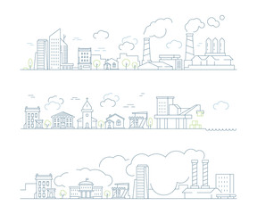 Industrial city landscape. Factory urban smog buildings and steam clouds transport bad environment vector linear background. Illustration smog city, factory building and pollution