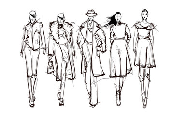 Beautiful young women. Hand drawn stylish woman portrait. Fashion lady. Winter outfit. Sketch. Fashion model posing in coat. Hand drawn fashion woman.