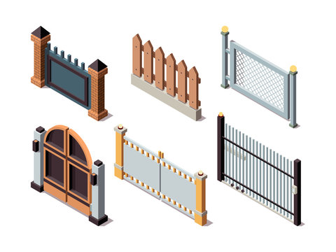 Isometric fences. Residential house elements secure barriers metal and wooden fences doors protection panels vector. Fence border, barrier separation illustration
