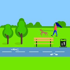 Woman walking outdoors with dog in the park. Flat illustration of people with pets on the street. Dog walking concept.