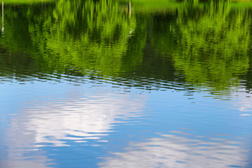 Obraz na płótnie Canvas Reflection in the calm water of the pond in the Park of green trees and clouds. Concept: environmentally friendly places in the city.