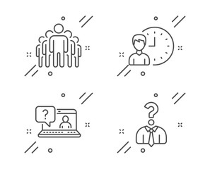 Working hours, Group and Faq line icons set. Hiring employees sign. Project deadline, Managers, Web support. Human resources. People set. Line working hours outline icon. Vector