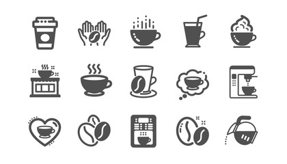 Coffee icons. Beans, hot cocktail and coffee maker machine. Espresso cup, cappuccino with whipped cream icons. Latte vending machine and roasted beans. Classic set. Quality set. Vector