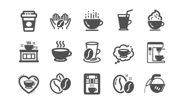 Coffee icons. Beans, hot cocktail and coffee maker machine. Espresso cup, cappuccino with whipped cream icons. Latte vending machine and roasted beans. Classic set. Quality set. Vector