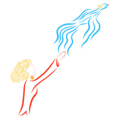girl holds out her hand to the flying bird
