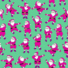 Dancing Santa Claus seamless pattern. Cartoon Christmas character disco dancer.