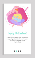 Newborn child vector, woman with kid feeding baby. Childcare, happy motherhood and childhood, loving parent female. App slider for website, landing page application flat style