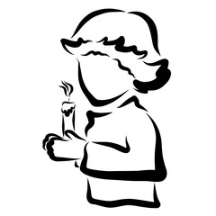 boy holding a burning candle in his hands, black outline on white