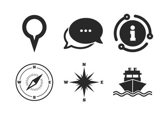 Shipping delivery sign. Chat, info sign. Windrose navigation compass icons. Location map pointer symbol. Classic style speech bubble icon. Vector