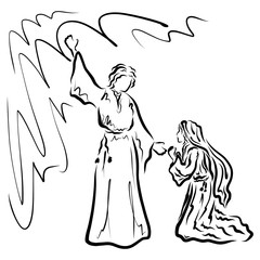 God's angel and a praying woman on her knees