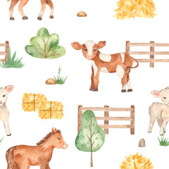 Watercolor seamless pattern with cute cartoon farm animals horse, lamb, calf