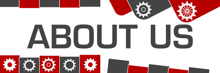 About Us Red Grey Random Shapes Gears 