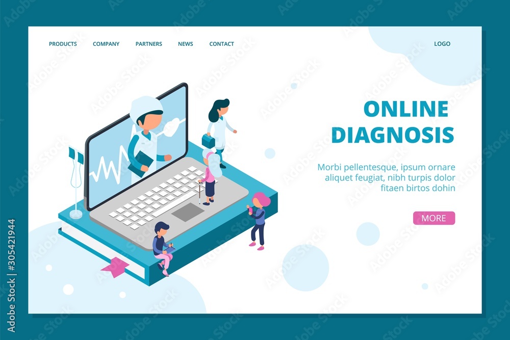 Poster Online diagnosis landing page. Isometric doctor online web banner template. Medicine, healthcare concept with 3D people. Illustration diagnosis isometric, isometry consultant communication