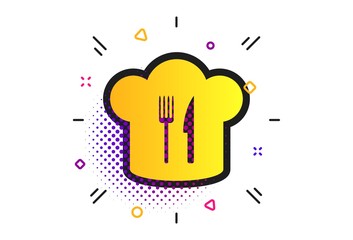 Chef hat sign icon. Halftone dots pattern. Cooking symbol. Cooks hat with fork and knife. Classic flat restaurant icon. Vector