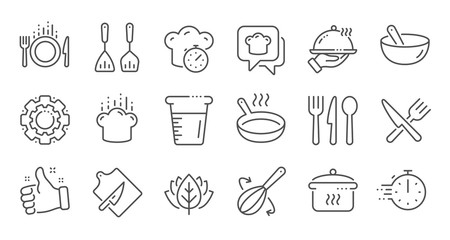 Cooking line icons. Boiling time, Frying pan and Kitchen utensils. Fork, spoon and knife line icons. Recipe book, chef hat and cutting board. Linear set. Quality line set. Vector