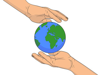 Planet Earth in the hands of man. Vector illustration isolated on white background