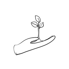 Plant in hand. Vector icon with hand drawn doodle cartoon style isolated on white background