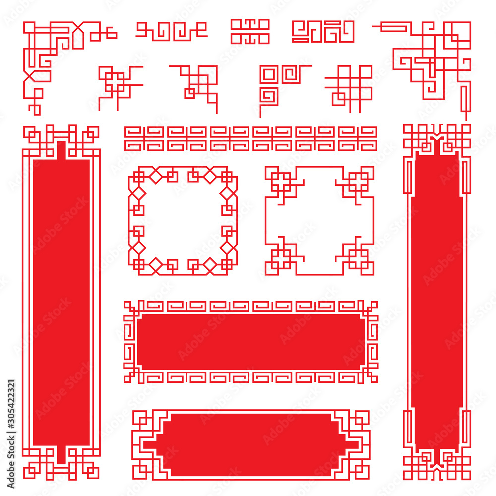 Sticker Asian frames. Traditional chinese oriental graphic elements and borders vector frames. Chinese oriental graphic, china traditional frame illustration