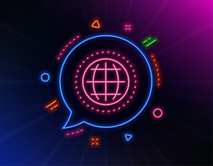Globe line icon. Neon laser lights. World or Earth sign. Global Internet symbol. Glow laser speech bubble. Neon lights chat bubble. Banner badge with globe icon. Vector