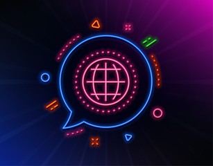 Globe line icon. Neon laser lights. World or Earth sign. Global Internet symbol. Glow laser speech bubble. Neon lights chat bubble. Banner badge with globe icon. Vector