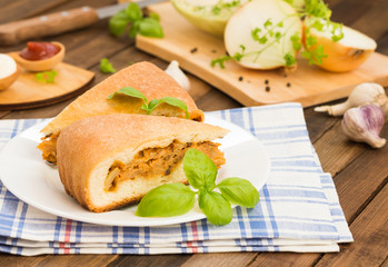 Traditional Russian food. Vegetarian dish. Cabbage pie. Homemade pie with cabbage. Russian cabbage pie. Russian cuisine. Vegetable pie 